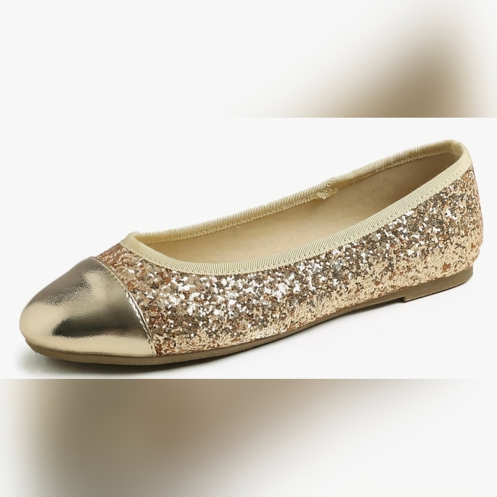 FEVER SOLE Round Toe Gold Glitter Ballet Flat #498